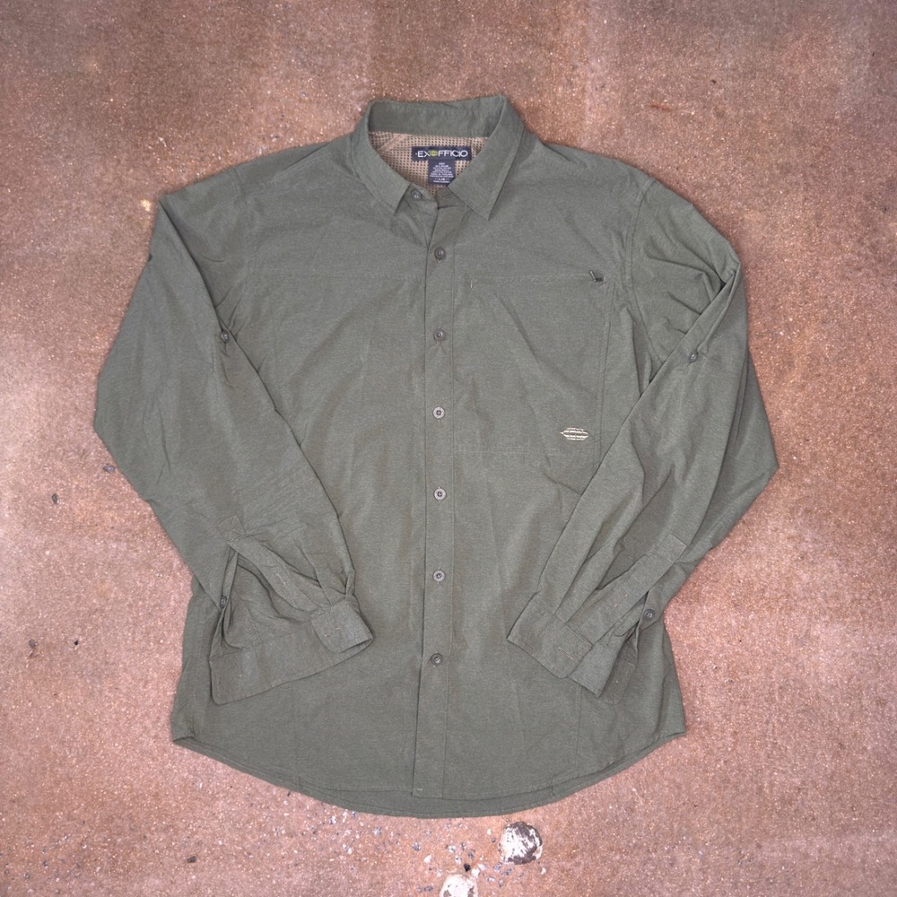 ExOfficio Mens Large Green Long Sleeve Hiking Shirt Roll Tab Vent Trail L
